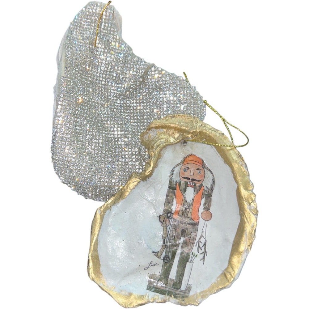 Handmade Oyster Shell Ornaments x2 Rhinestone & Nutcracker Print Matched Set
